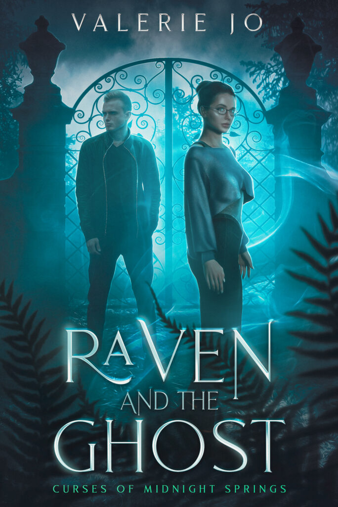 Raven and the Ghost book cover with a girl and boy standing in a foggy, moonlit area.